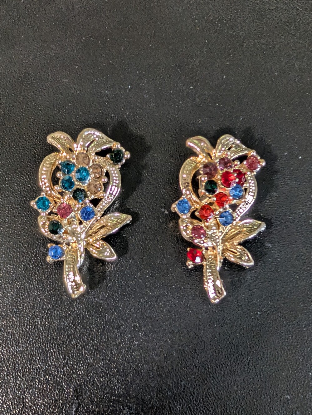Set of 2 Colorful Rhinestone Floral Bouquet Brooches Gold Tone Flower Pins